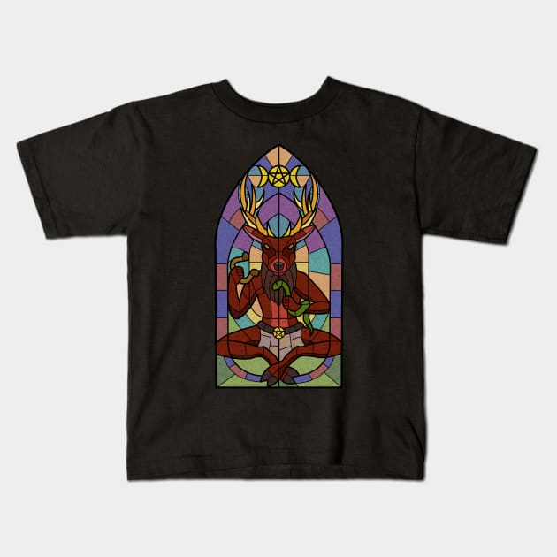 Horned God Stained Glass Kids T-Shirt by Marouk